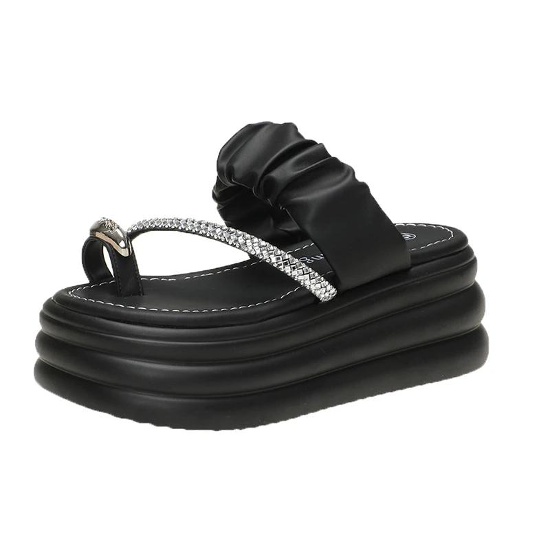 

Модные женские летние шикарные толстые тапочки, шлепанцы на высокой платформе, каблуки-танкетка 7,5 см, милые босоножки для девочек, пляжные тапочки с открытым носком 34 чёрный