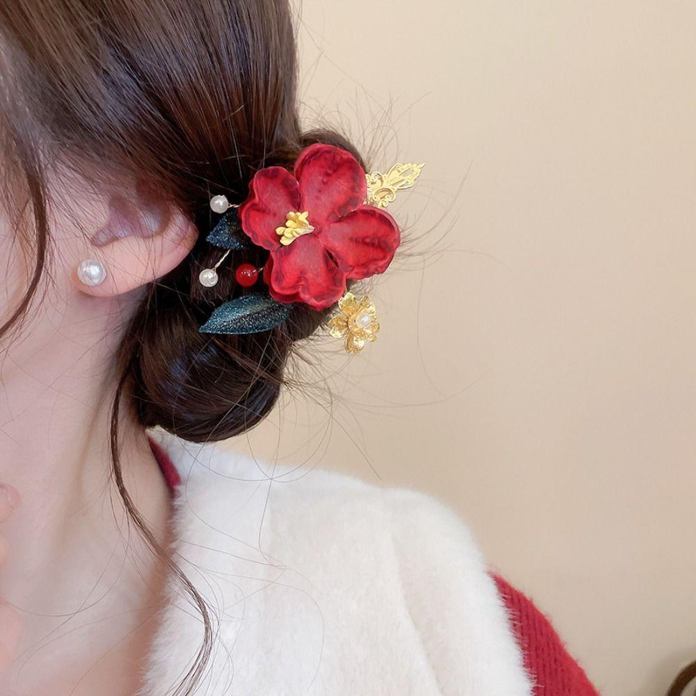 Retro Chinese Style Hair Stick Tassel Pearl Hanfu Hairpin Elegant Red Flower Hair Clip Girls