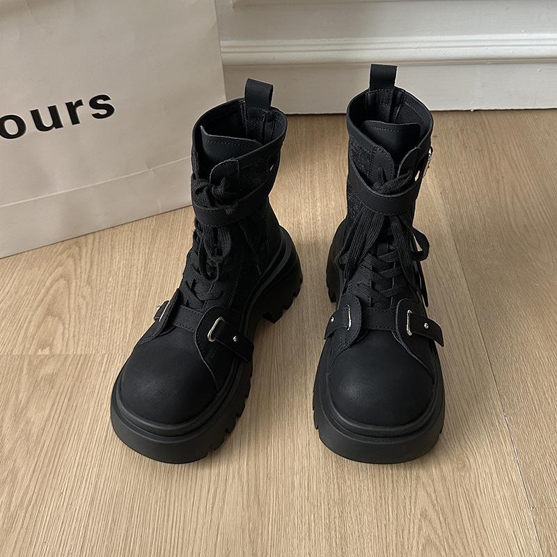 

Thick-soled canvas big-headed Martin boots women s 2025 autumn and winter new medium tube short boots small high-heeled locomotive boots 40 чёрный