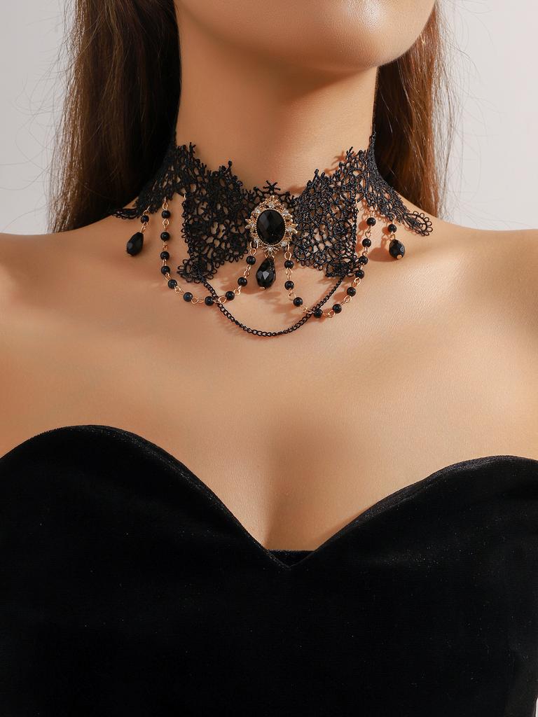 Vintage Black Lace Rose Necklace Bracelet Ring Set Women's Dinner Party, Dark Wind Neck Chain Bracelet