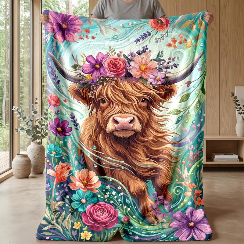 Floral Bull with Sunflowers Theme Blanket Lightweight Warm Flannel Blanket Decorative Throw Blanket for Home Decoration