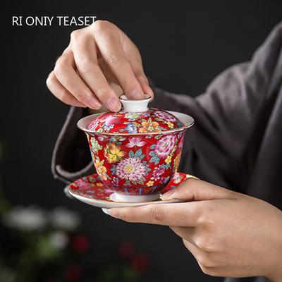 150 ml Palass Luksus Emalje Keramikk Gaiwan Teakopp Håndmalt Blomstermønster Te-terrin Reise Håndlaget Te-skål Te-utstyr