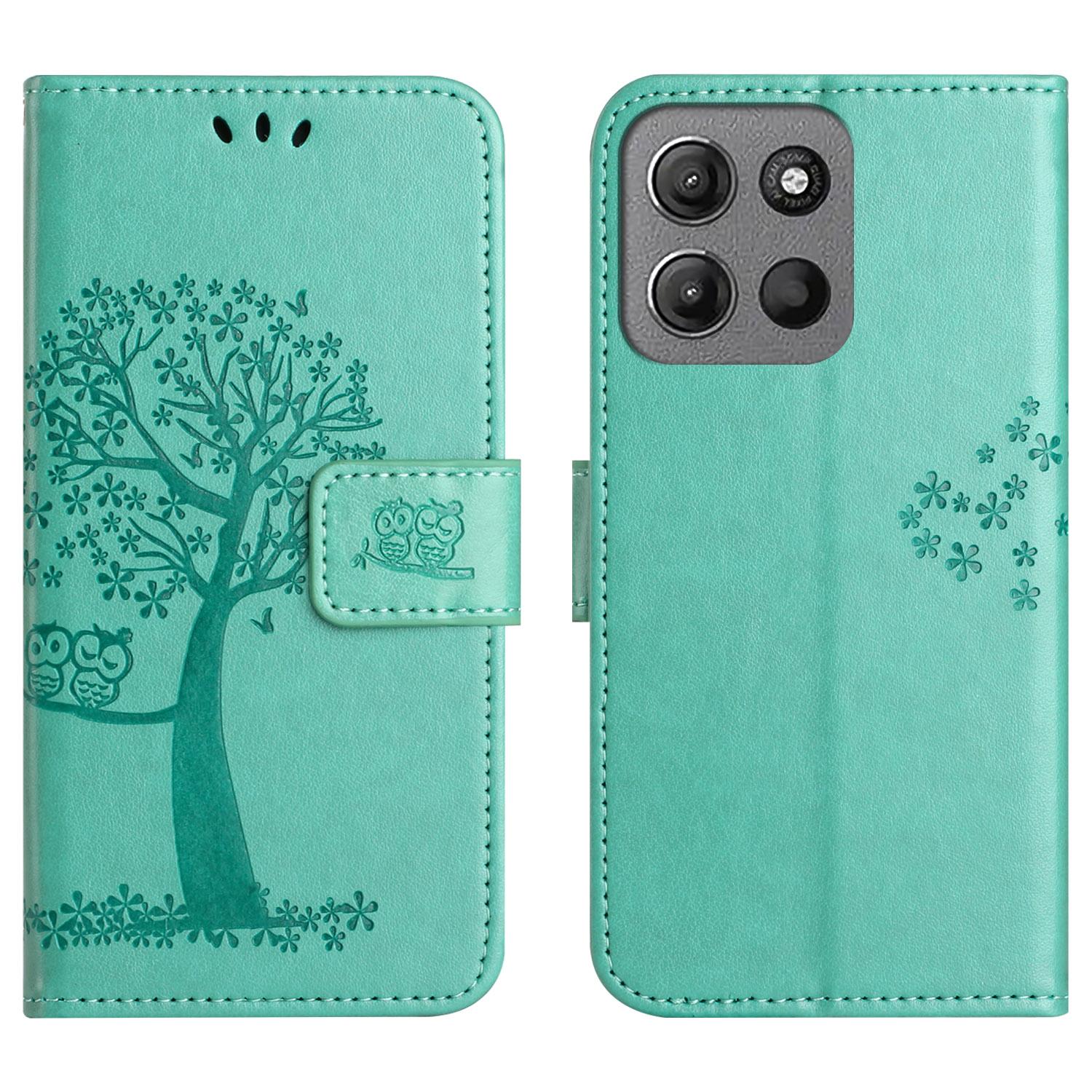 

For Motorola Moto G86 5G/G86 Power 5G Case PU Leather Owl Tree Imprinted Wallet Phone Cover with Strap Cyan