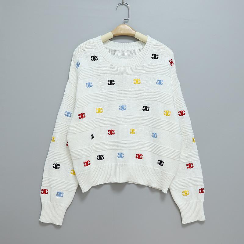 

Корейский стиль Радужный Вышитый Свитер - Женский Повседневный Приталенный Трикотажный Топ для Осени и Зимы One Size белый