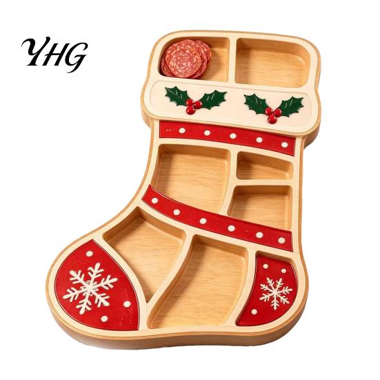 Christmas Tableware for Home Decor Tree Serving Platter, Wooden Snack Tray Holiday Parties, Multi-Compartment Food Display Elk Design Dessert