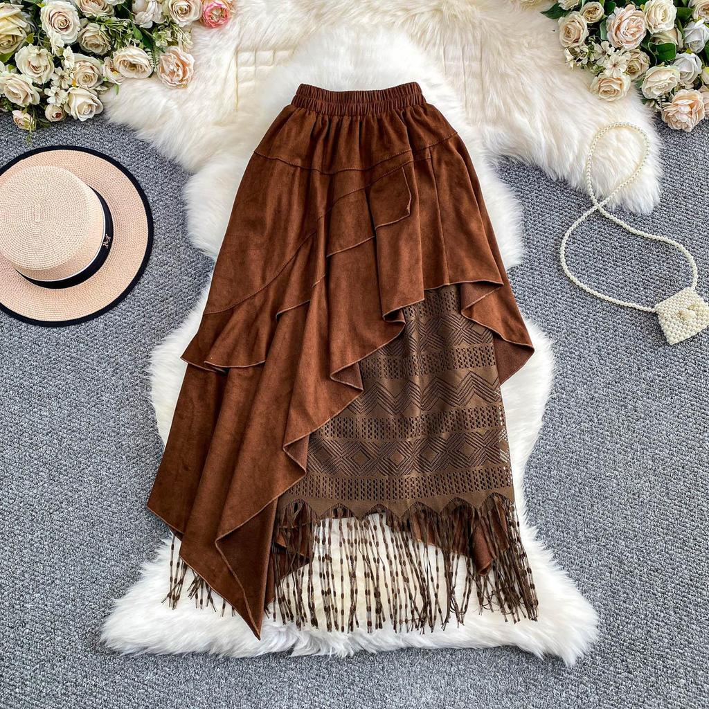 Women's Retro Suede and Lace Patchwork Skirt Asymmetrical Ruffled Midi Skirt