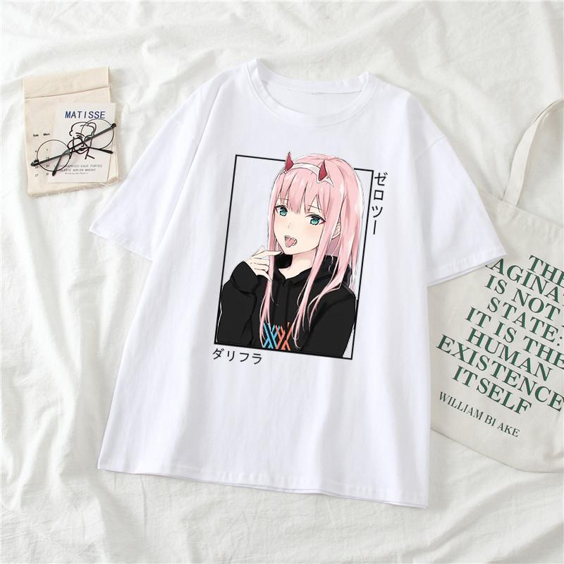 

Harajuku Japanse Anime T-Shirt Unisex Manga Print Zero Two Girls Streetwear Tops Tee Shirt Oversized Kawaii T-Shirts Female XXXL білий