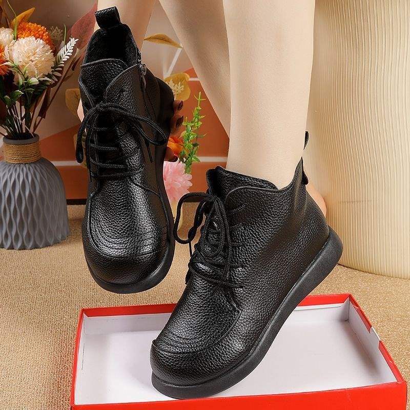 Teplé bavlněné boty pro střední věk a seniory, ležérní kožené boty pro matky, plochá podrážka, protiskluzové, nové sametové martensky, krátké boty 42