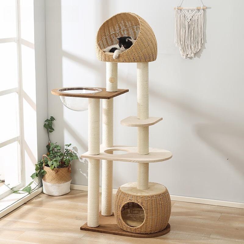 Solid Wood Cat Tree Large Pets Cat Sleeping Tree Transparent Cabin Kitten Tower Pet Toy Accessories Nap Scratching Post for Cats