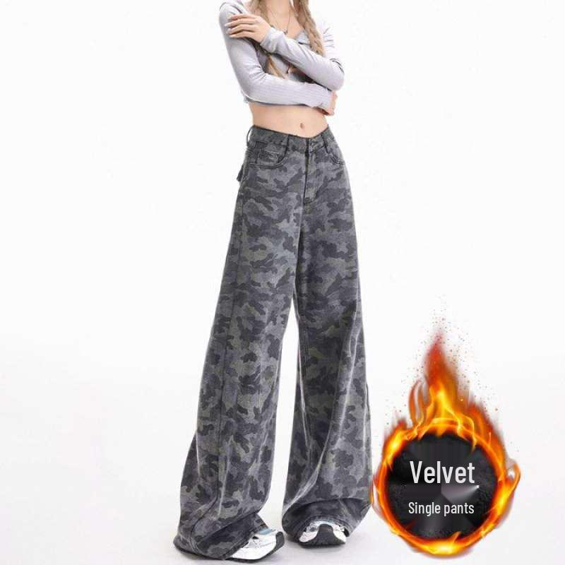 Women s Winter Wide-Leg Camouflage Jeans with Velvet Lining XL