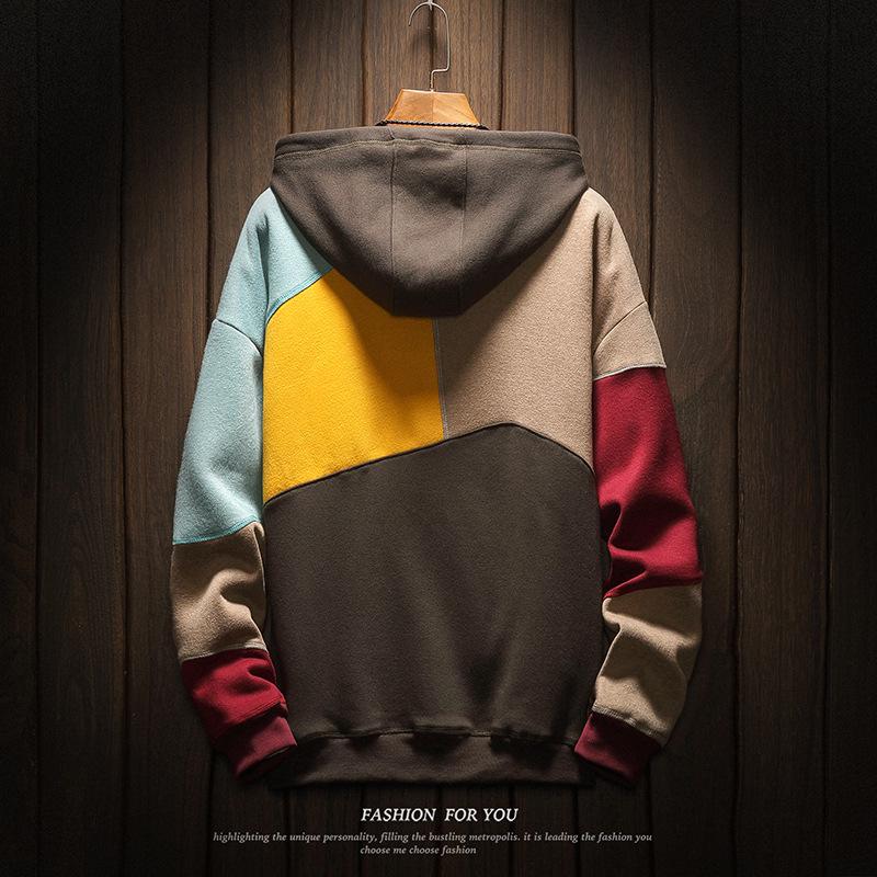 Men's Autumn/Winter Patchwork Color Block Hoodie – Plus Velvet Casual Top for Teens & Couples