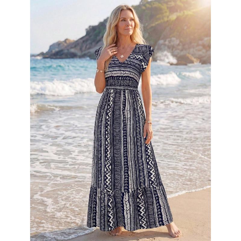 Women's 2026 Summer New Printed Dress for Beach Vacation, Vintage Satin Long Skirt
