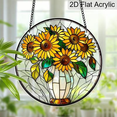 Acrylic Sunflower Vase Suncatcher Stained Glass Effect Window Hanging Ornament Floral Home Decor