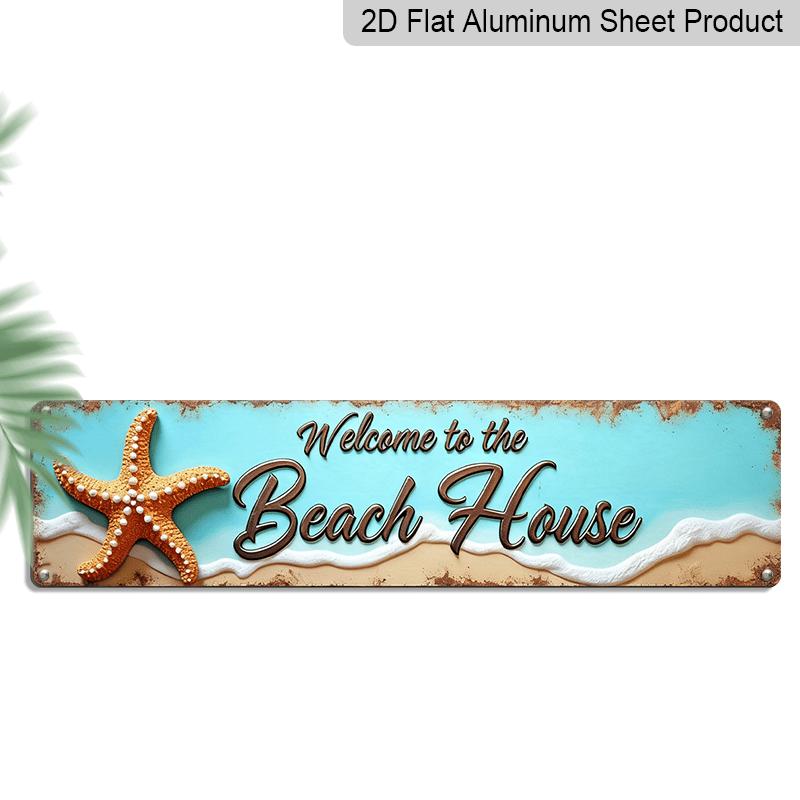 

2D Flat, Stylized Welcome To The Beach House Metal Sign - Ocean Theme Wall Decor with Starfish and Shells Alumium Decorative Sign, Vintage Style 40cm x 10cm