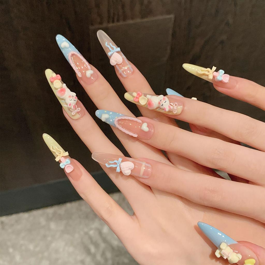 Pink Long Fake Nails with Blue Yellow Tip with Not Easy Break or Split Design for Shopping Traveling Dating