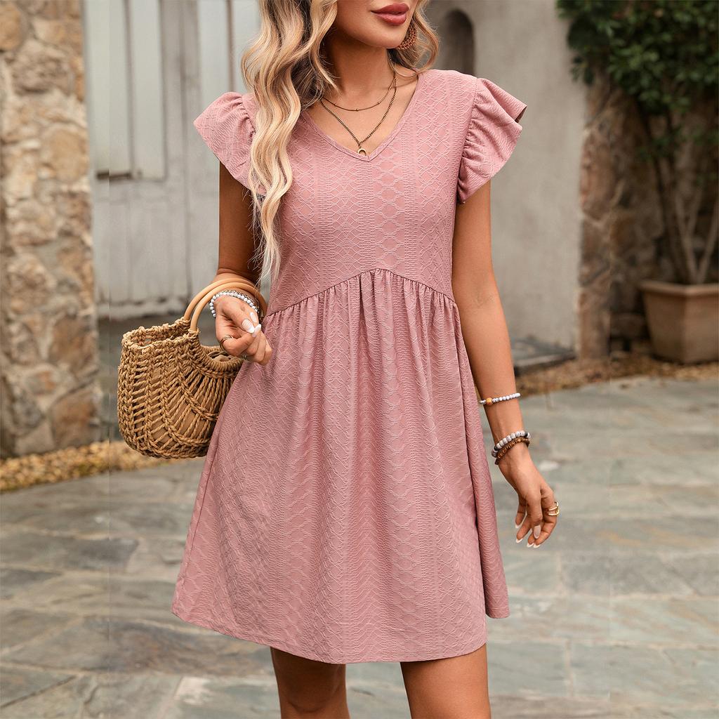 Women V Neck Ruffle Sleeve Short Sleeve Loose Fit Casual Holiday Dress Soft Lightweight Fabric Simple Solid Design