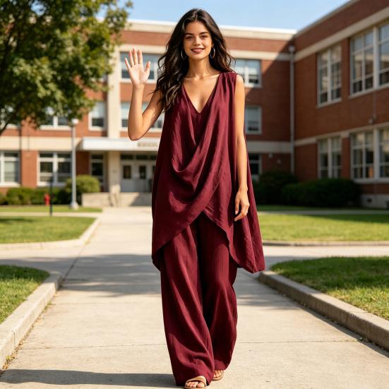 2 Piece Sets for Women, Irregular Hem Casual Sleeveless V Neck Top And Wide Leg Pants Summer Lounge Matching Outfits