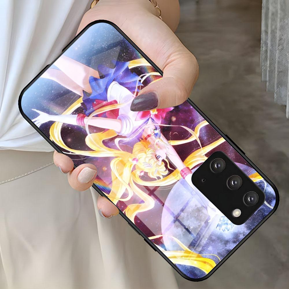 S-Sailor M-Moon Anime Phone Case For Samsung S25 S24 FE S23 S22 S21 Plus S20 Ultra Note20Ultra Black Glass Cover