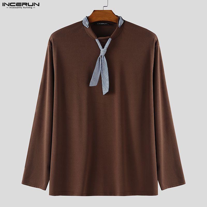 INCERUN Spring Men Striped Tie Long Sleeve Casual Loose Pullover T-shirts Tops