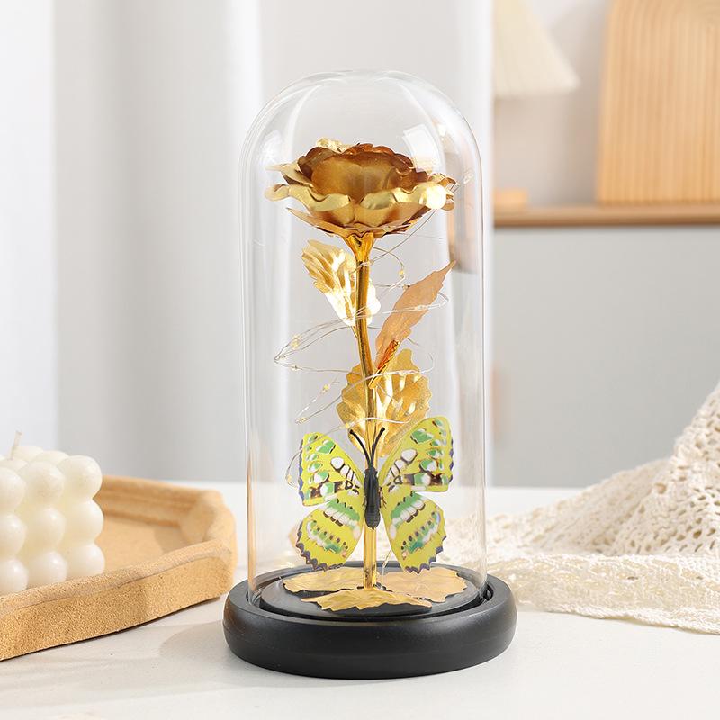 Ornamento de Luz Cúpula de Vidro Flor Rosa Folha de Ouro Feito à Mão - Caixa de Presente Dia dos Namorados