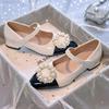 2025 New Princess Shoes French Pearl Round Buckle Velcro Girls Single Shoes Foreign Style Flat Bottom Princess Small Leather Shoes Women