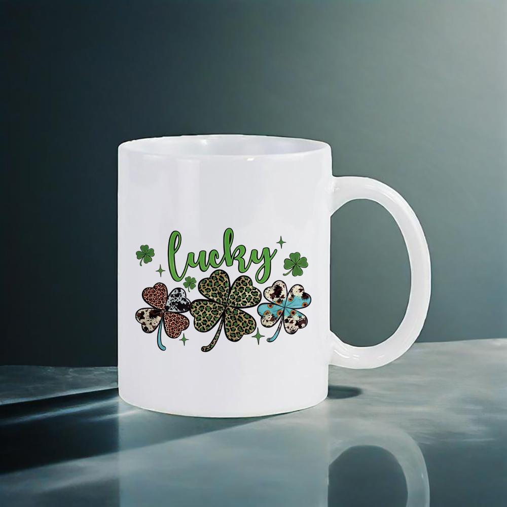 St.Patrick's Day Themed Mugs Green Pattern Coffee Mug 11 Oz Water Cups Four-leaf Design Breakfast Cup Cozy Gift for Family Tea