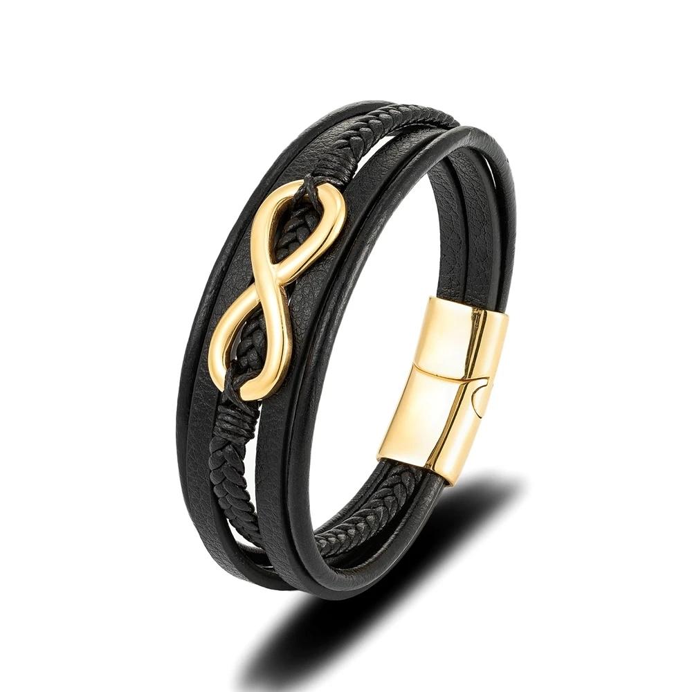 Bracciale Infinito Classico da Uomo Braccialetti Intrecciati Multistrato in Pelle per Donne Gioielli in Acciaio Inossidabile Nero Regali