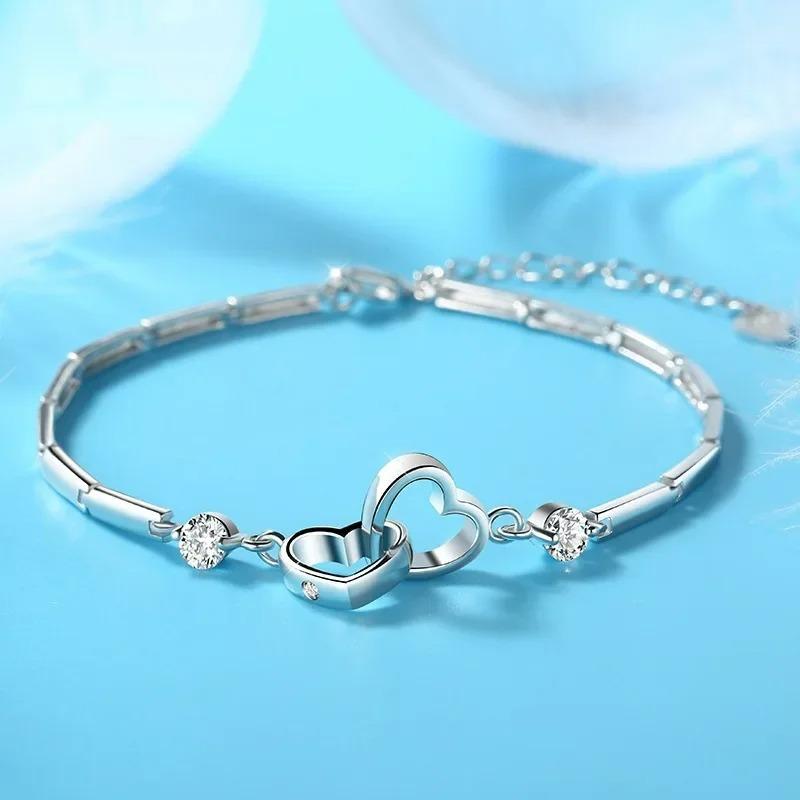 New Charms 925  Silver Bracelets Bangles for Women Valentine's Days Gift Cubic Zircon Double Heart Bracelet Jewelry