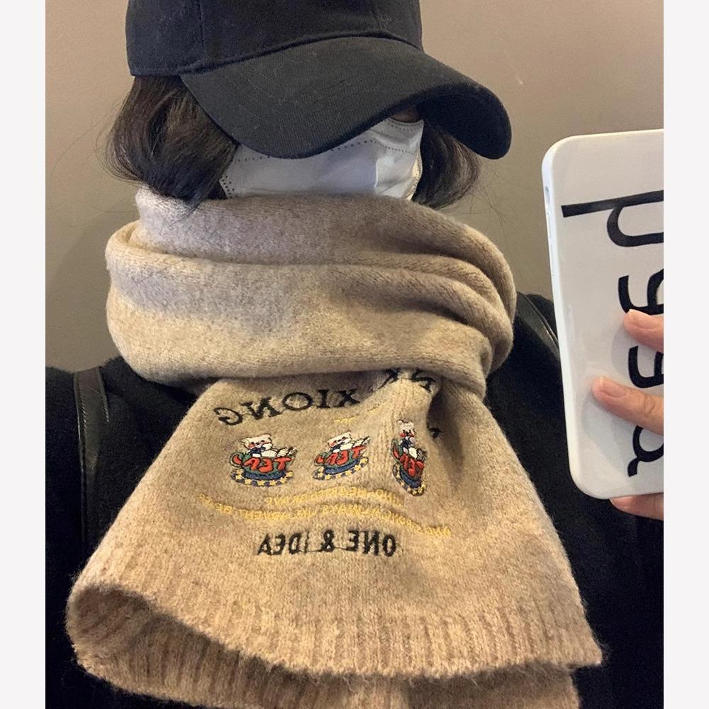 Süßer Bär Bestickter Wollschal für Damen Winter Hochwertig Japanisch All-Match Warm Gestrickter Wollschal für Studenten