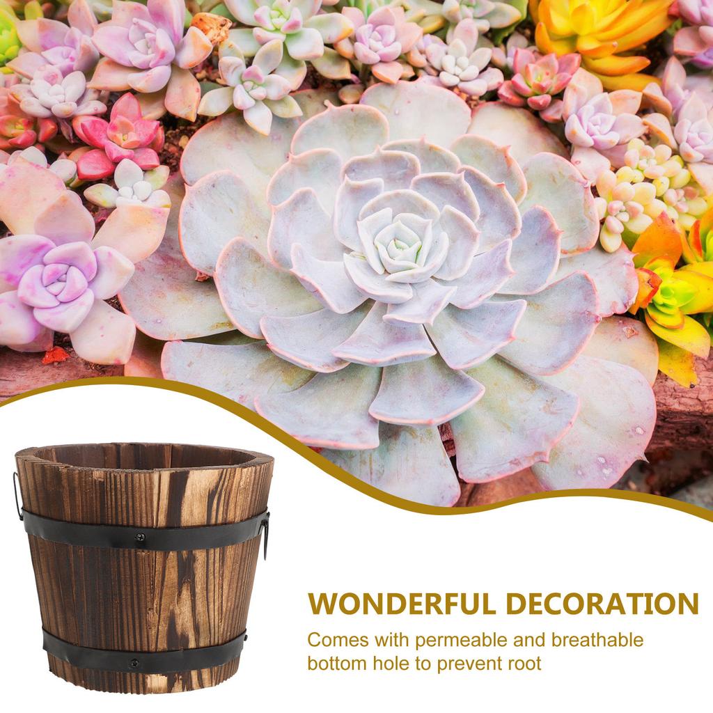 Runder Holzfass-Pflanztopf Braun Flachmund -Freundlicher Blumentopf Haus Büro Garten Dekoration 12x9x10cm Rustikales Holz