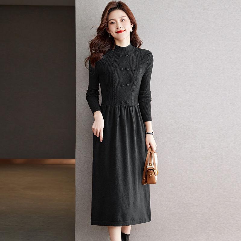 

Women s Knitted Dress Autumn and Winter Trendy Mid-length Slim Sweater Dress Pure Color Half Turtleneck Knitted Shirt S чорний