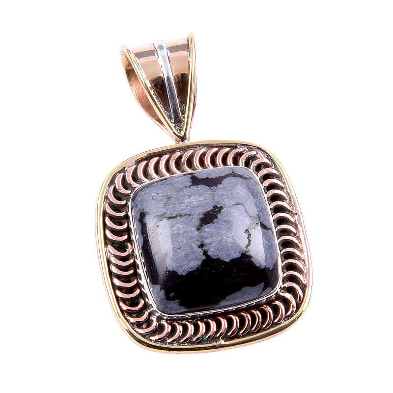 Natural Snowflake Obsidian Gemstone 925 Solid Silver Two Tone Pendant 1.25" D0o44