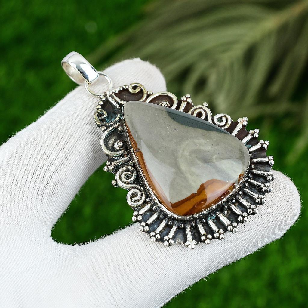 Sterling Silver Pear Polychrome Jasper Stone Bezel Wedding Elegant Wife Pendant
