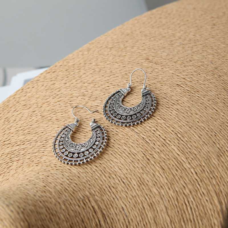 Vintage Antique Gold  Silver Color Flower Metal Hoop Earrings Punk Alloy Earring Brincos for Women