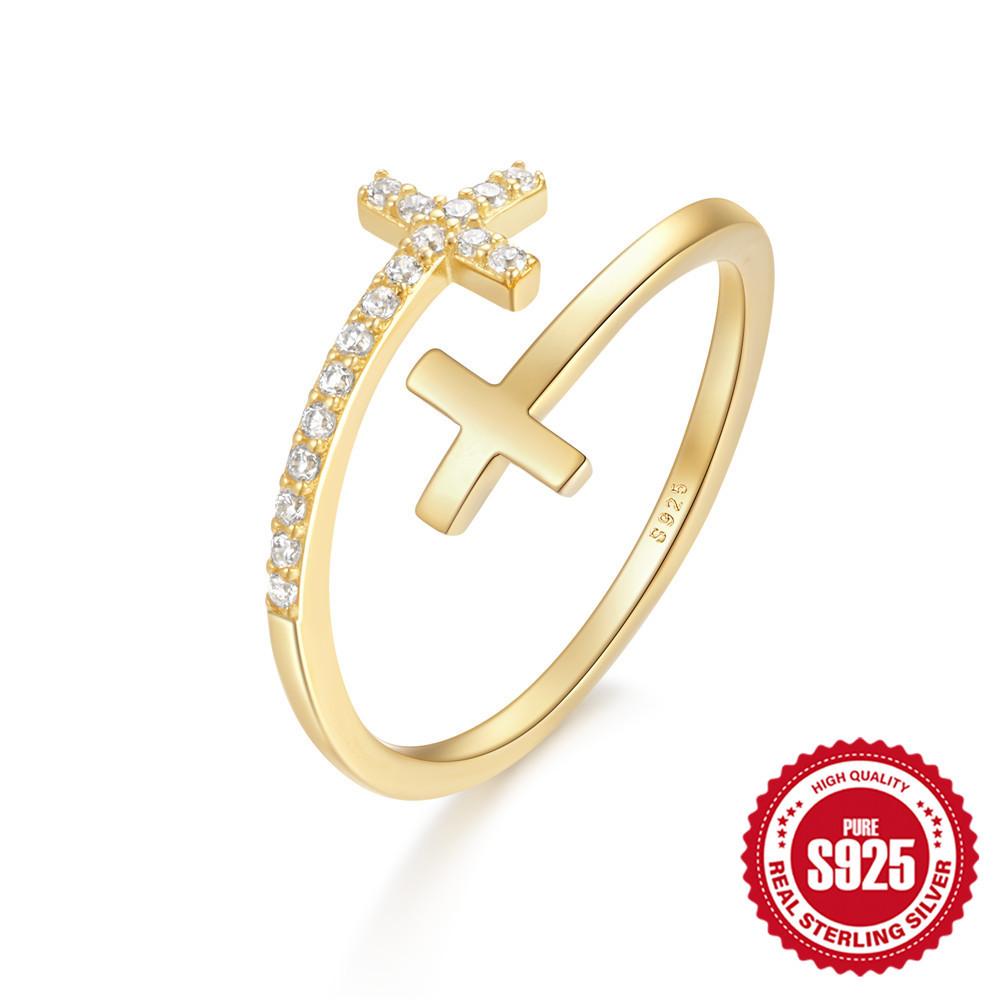Stylish Simple Ring S925 Sterling Silver Personality Cross Drop Open Ring Cross Hipster Ring