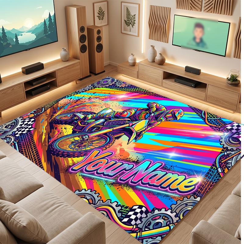 Motorcycle Biker Theme Soft Crystal Velvet Rug Custom Name & Text Print Non Slip Floor Rug for Bedroom Living Room