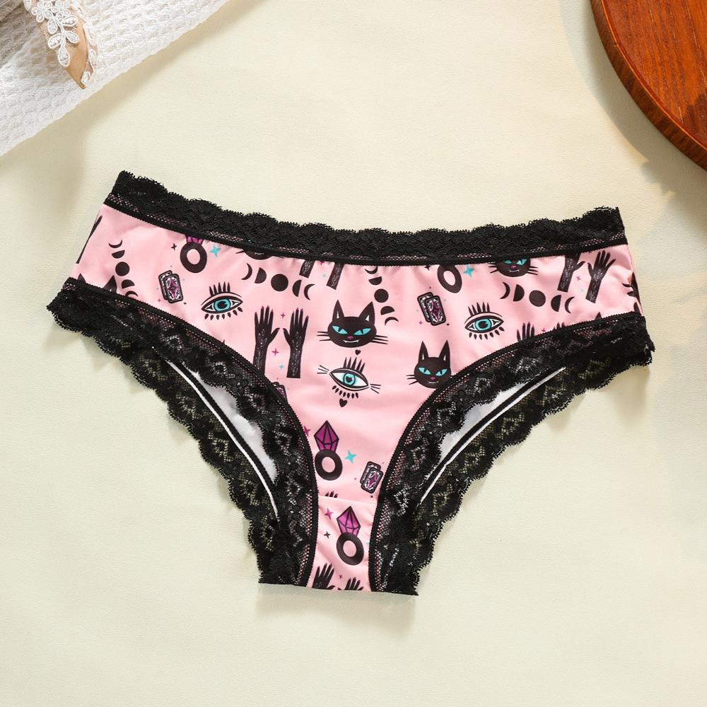 4Pcs Women's Gothic Low - Rise Hipster Panties with Contrast Lace Trim, Skull & Rose Prints for a Sexy Halloween Look Comfortable Hipster Panties