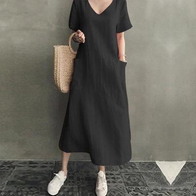 Summer Dresses Qutfits Causal Dress Short Sleeved Cotton Linen V Neck Dress With Pocket Loose Comfy Dresses Vestidos