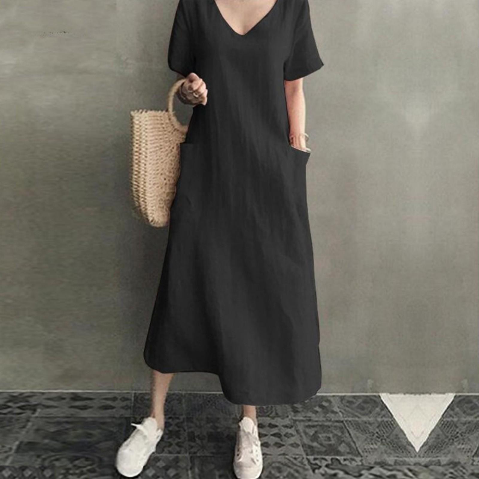 

Summer Dresses Qutfits Causal Dress Short Sleeved Cotton Linen V Neck Dress With Pocket Loose Comfy Dresses Vestidos XXXXXL чорний