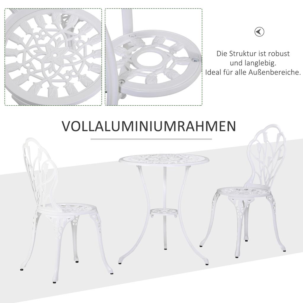 Set da Patio Bistro in 3 Pezzi per 2 Persone, Tavolo e Sedie da Giardino in Alluminio da Esterno con Foro per Ombrellone per Balcone, Bianco