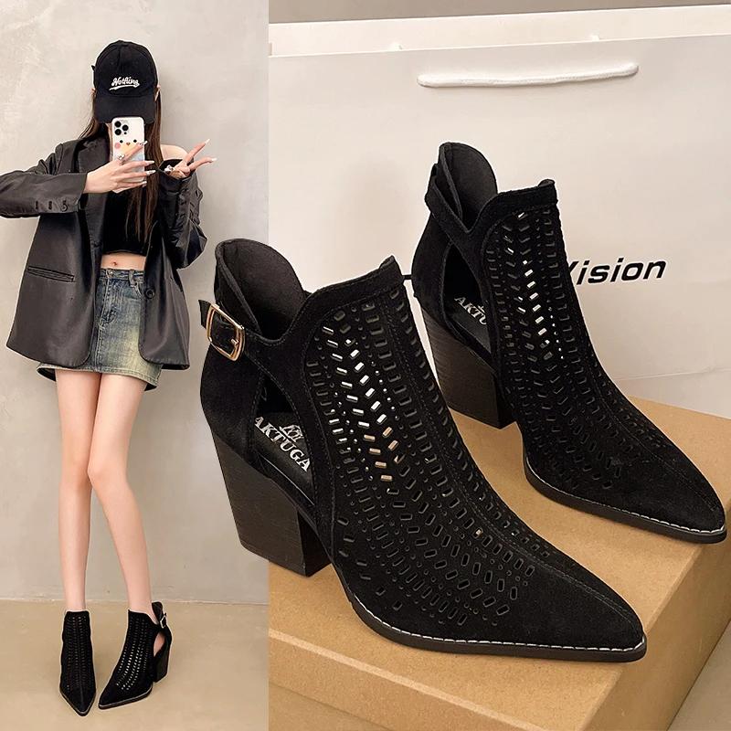 Black Mesh Boots Hollow Short Boots for Women Summer 2025 New Cool Breathable Sandals Pointing Toe Western Denim Boots Platform