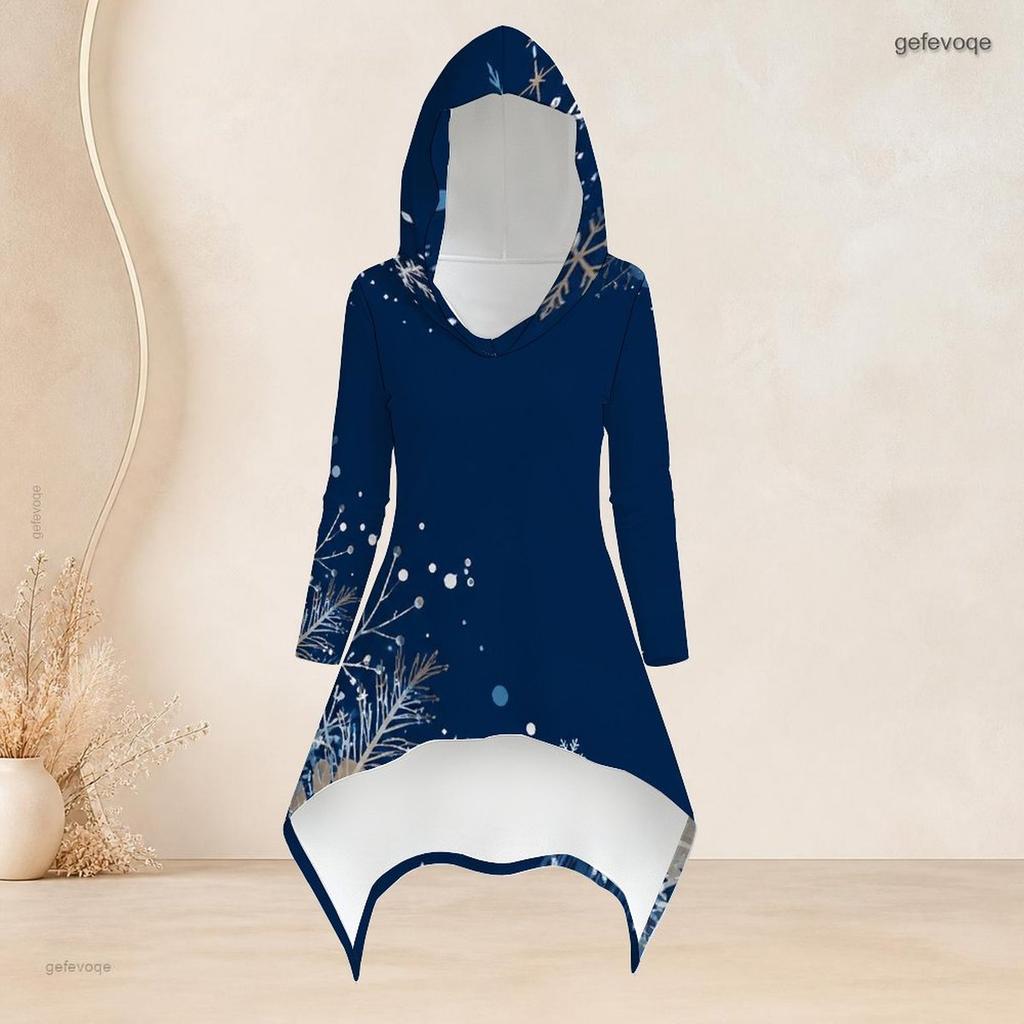 Women Plus Size Hooded Long Sleeve Snowflake Printed Dark Navy High Low Top Fitted Pants Two Piece Set