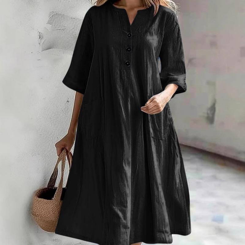 Women's Three-button Pocket Dress Women's Mid-length V-neck Half-sleeved