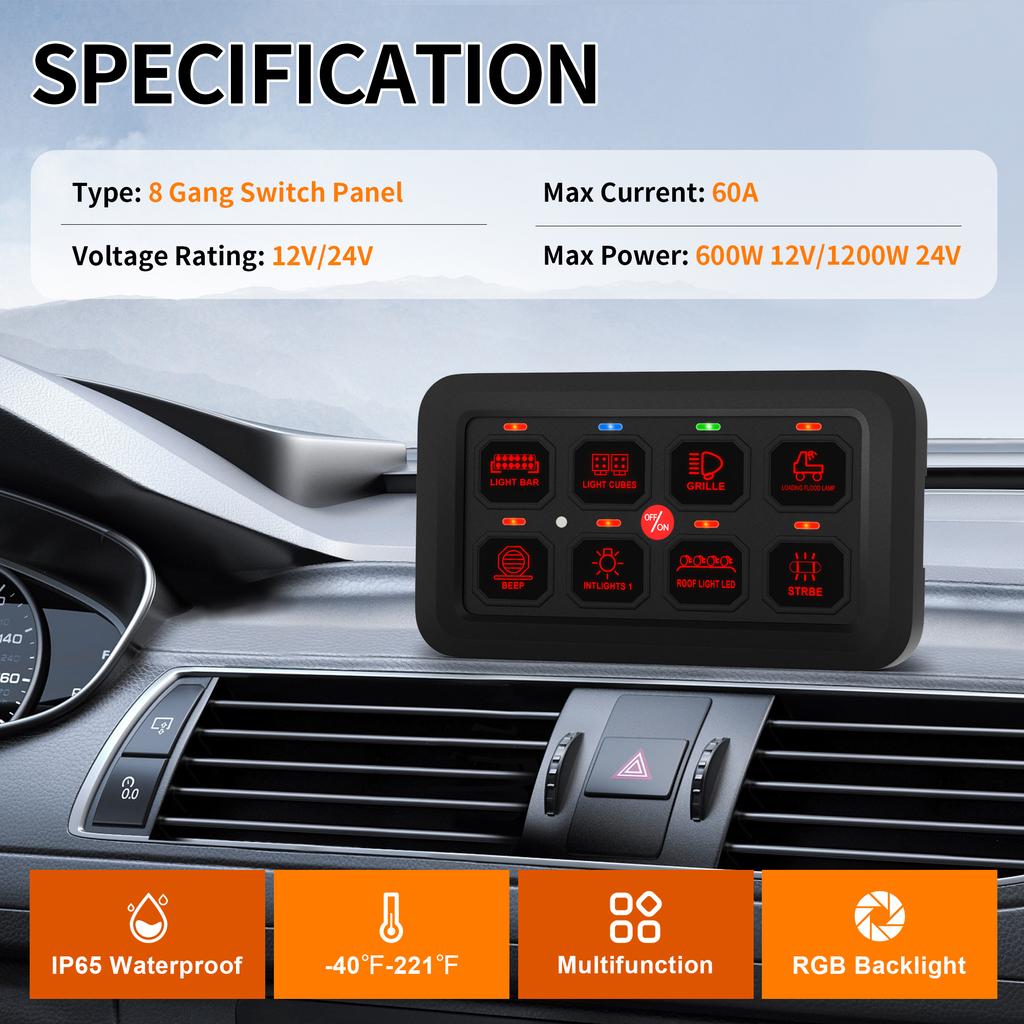 DaierTek 8 Gang Switch Panel Universal Circuit Control Relay System Box with Automatic Dimmable On-Off LED Switch Pod Box For RV