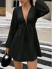 European & American Women's V-neck Lantern Sleeve Short Casual Dress with Waist-cinching Lace-up