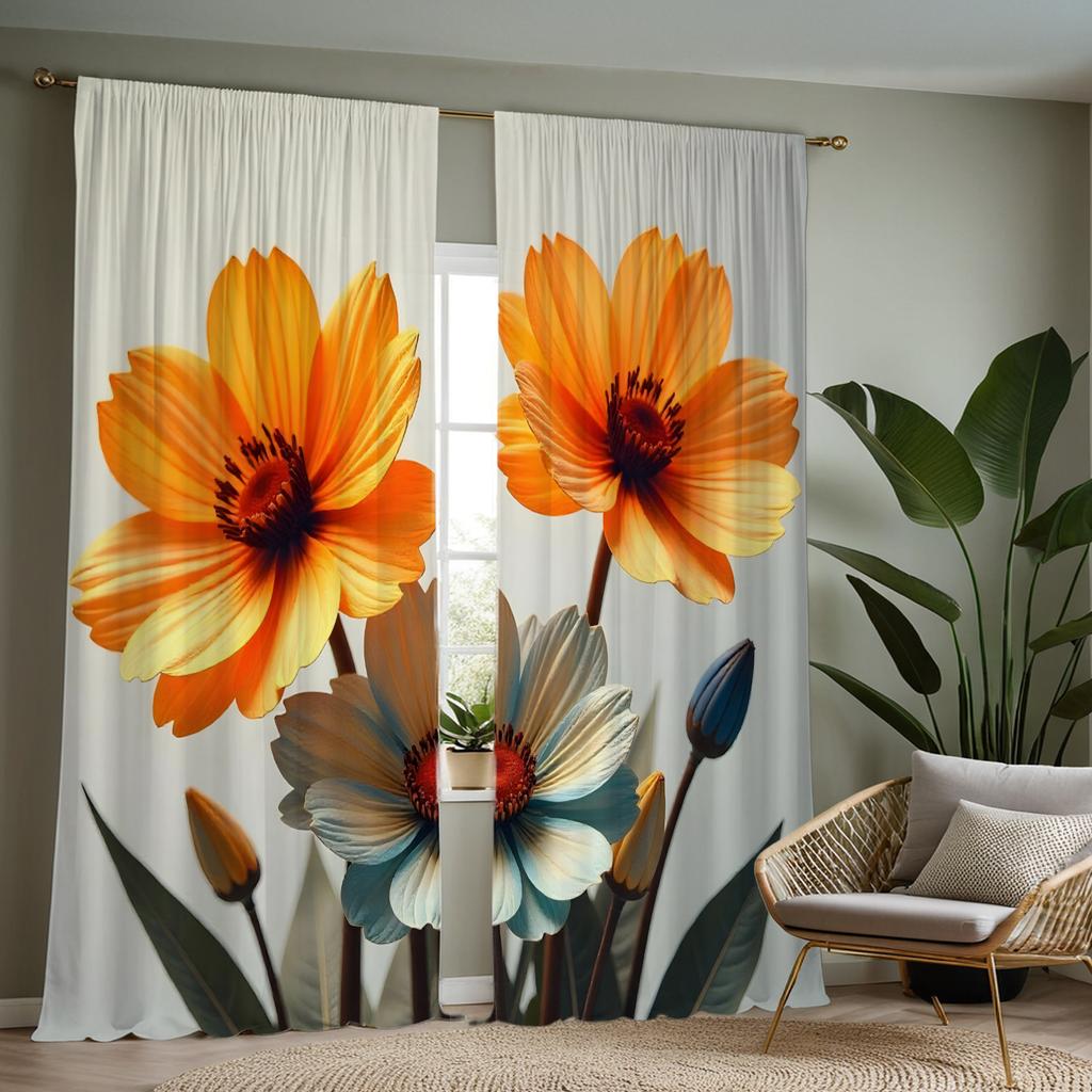 2 Stück Vorhänge mit orange-blauem Blumenmuster   Polyesterstoff   maschinenwaschbar   geeignet für Schlafzimmer-Wohnzimmer-Dekoration