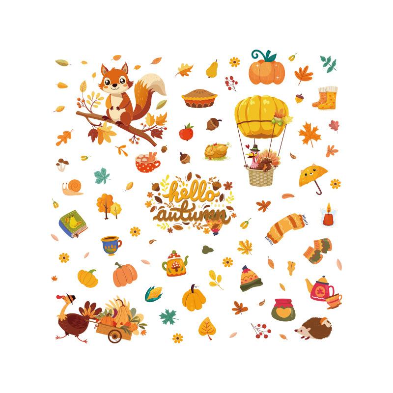 Thanksgiving Fall Maple Leaf Squirrel Turkey Pumpkin Static Cling Window Sticker Removable Glass Decor