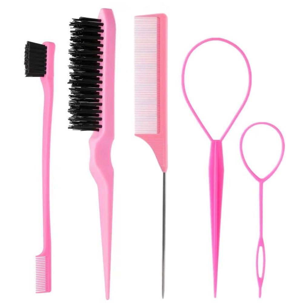 

Профессиональный набор расчесок для начеса волос 4 шт. расческа «крысиный хвост» с инструментами для разделения на секции для укладки волос, начеса и мелирования 5-piece set розовый