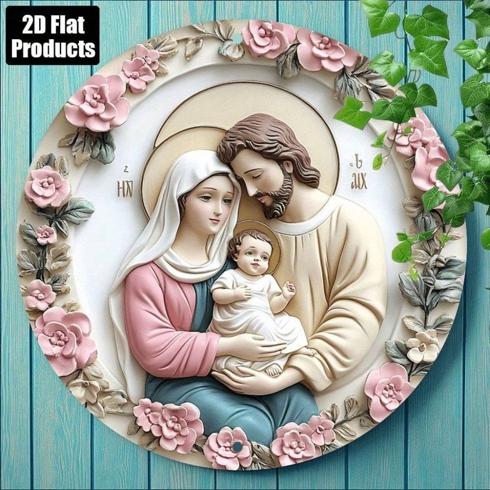 Religious Metal Poster Virgin Mary Jesus Round Tin Sign Wall Art Decor