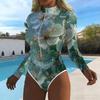 Women Long Sleeve One Piece Swimsuit Zip Front  Flower Print Rash Guard Surfing Bathing Suit